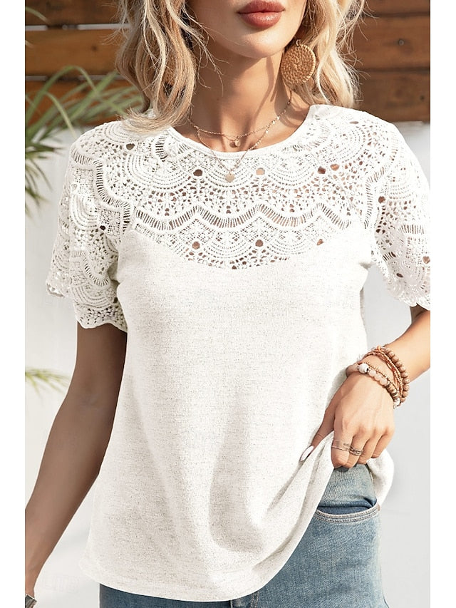 Women's Blouse Lace Tops Lace Plain Casual Short Sleeve