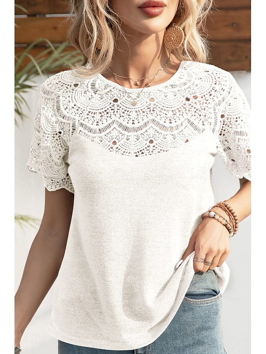 Women's Blouse Lace Tops Lace Plain Casual Short Sleeve