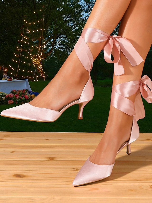 Shoes Ribbon Women's Kitten Satin Pointed-Toe Heel with
