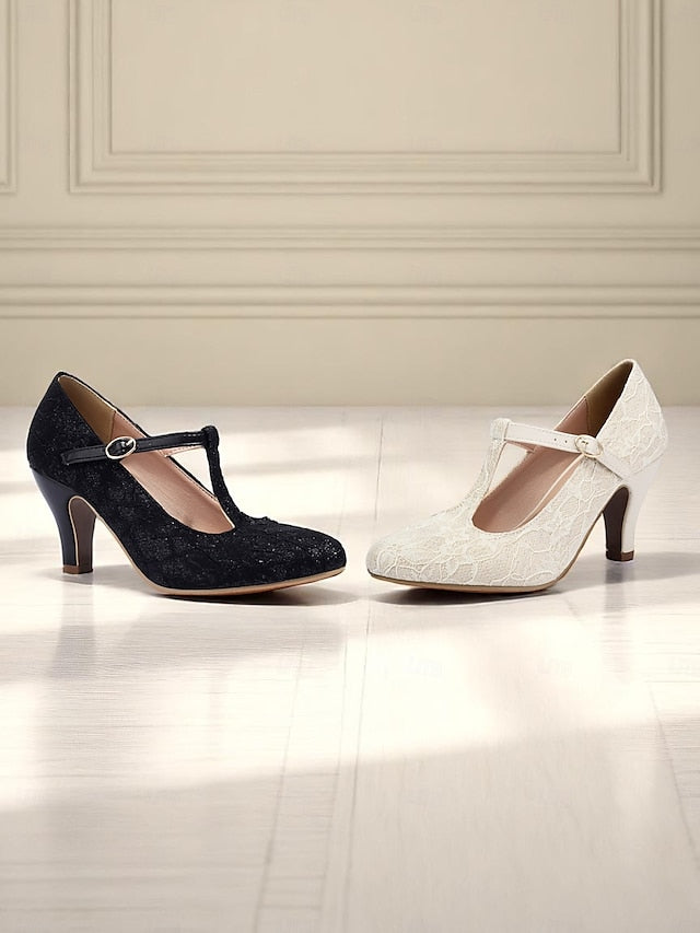 Pumps-1920s Ivory T-Strap Heel Vintage Mid Lace Women's