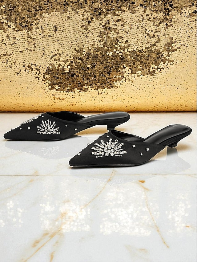 Satin Toe Rhinestone Women's Pointed Black Mules with