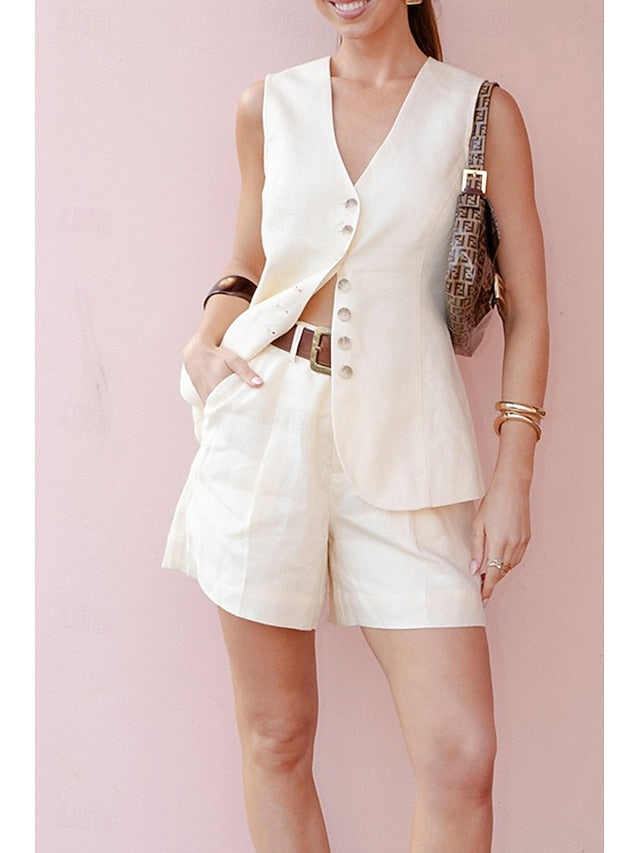 Women's Blouse Shorts Sets Sleeveless V Neck Solid Color