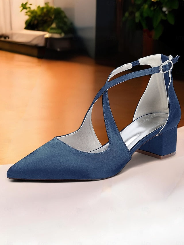 - Pointed Toe Women's Satin Elegant Ivory Block Heels