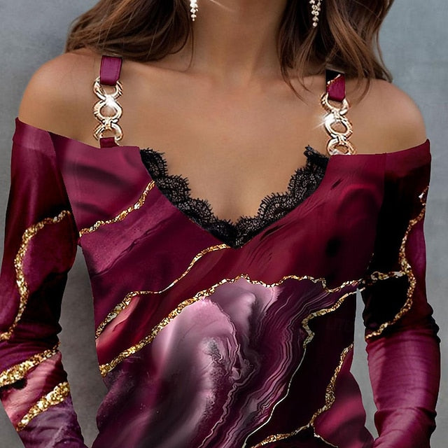 Women's Blouse Long Sleeve  V Neck Fashion Abstract Print