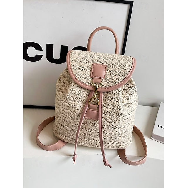 – Women Woven Boho Bag with Rattan for Travel Straw Backpack
