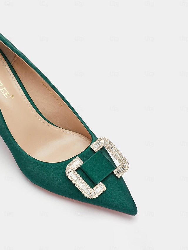 Green with Pumps Buckle for Elegant Women: Rhinestone Satin