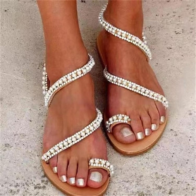 Sandals Flat Pearl-Embellished Strappy Elegant Women's –