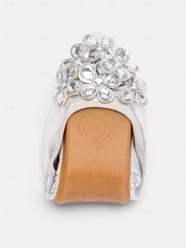 Foldable Women's Flats with Rhinestone Silver
