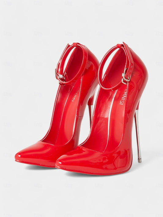 Women's Stiletto Heels Red with Leather Patent Strap Ankle