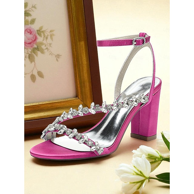 Heel Block White with Women's - Sandals Rhinestone Straps