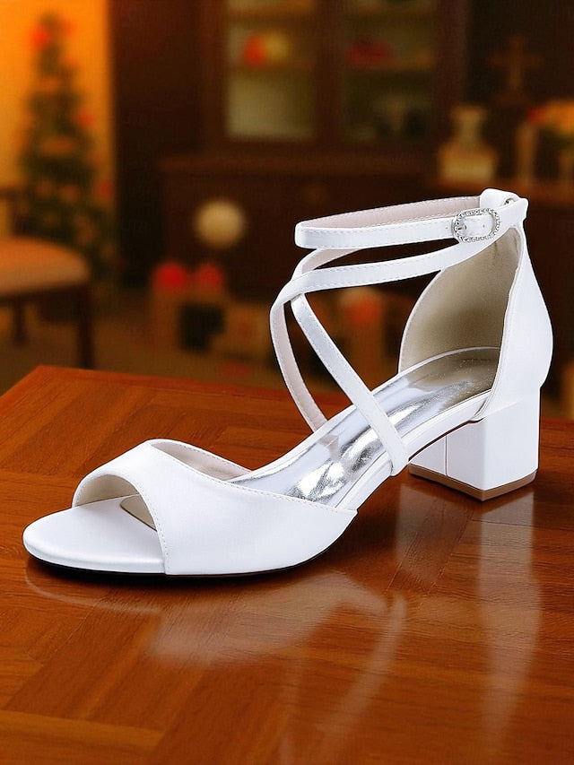 Women's Block - Elegant Strap Heel Ankle Satin Sandals with