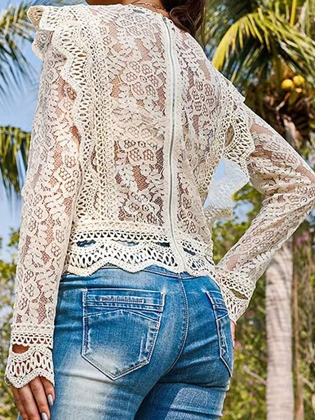 Women's Summer Tops Blouse Eyelet top Lace Tops Ruched Lace