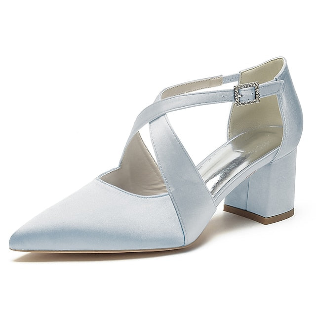 – Elegant White Block Pointed Heels Women's Satin Toe