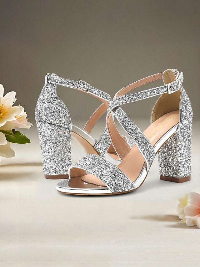 Block Gold Glitter Sandals Women's Heel