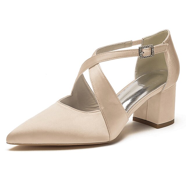 – Elegant White Block Pointed Heels Women's Satin Toe