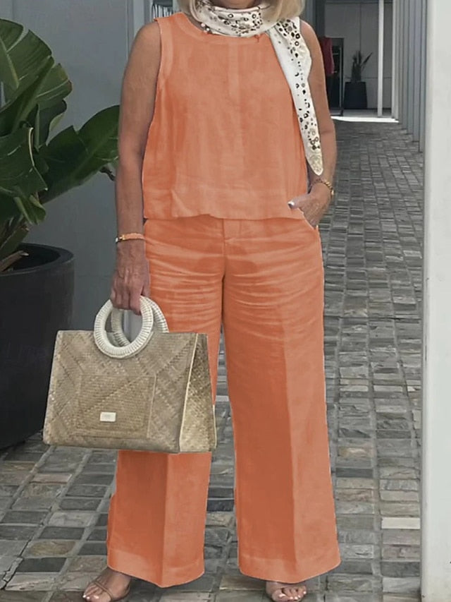 Women's Cotton Linen Sets Pants Sets Bolero Top Sleeveless