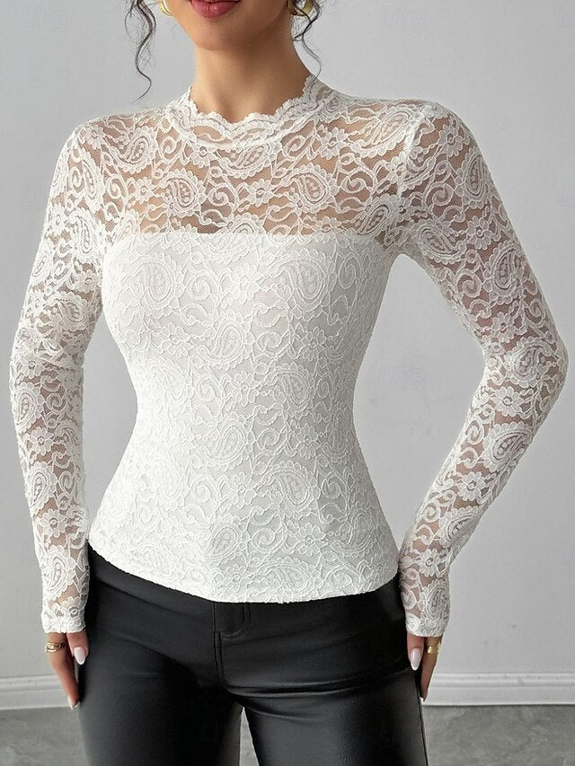 Women's Blouse Lace Tops Lace Patchwork Zipper Plain