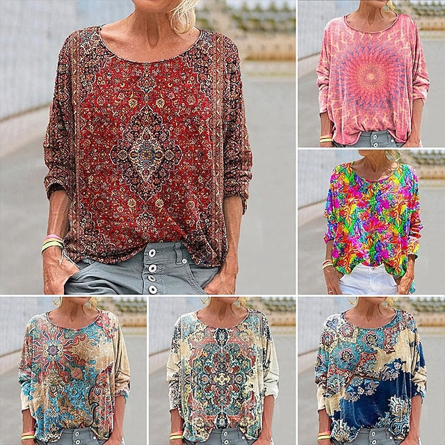 Women's Boho Shirt Blouse Patchwork Print Graphic Vintage