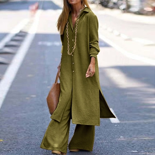 Women's Blouse Pants Sets Long Sleeve Shirt Collar Solid