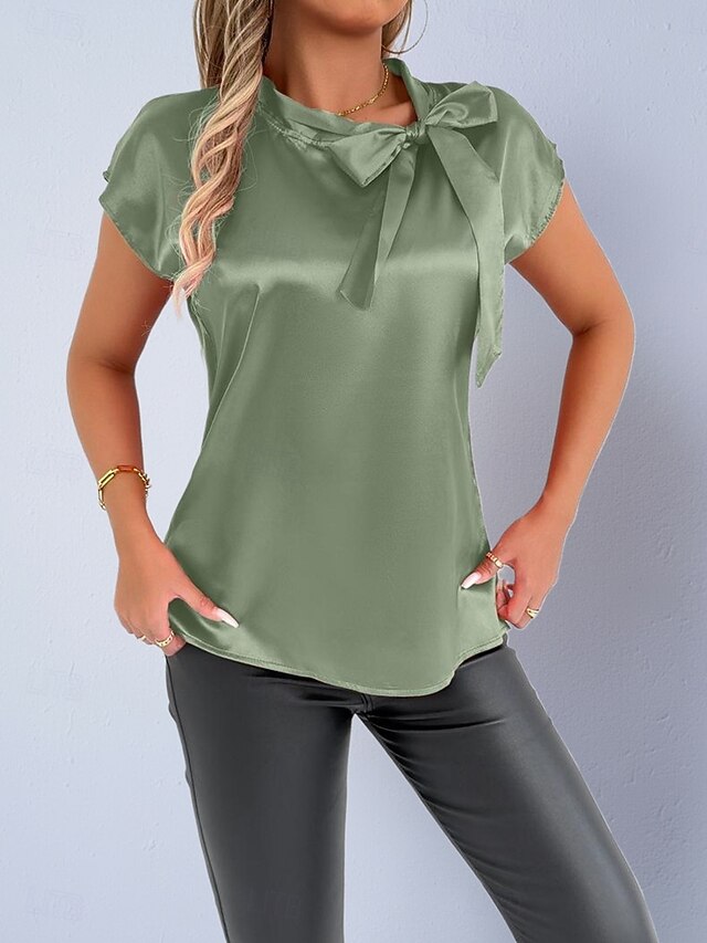 Women's Shirt Satin Shirt Casual Shirt Bow Plain Stylish