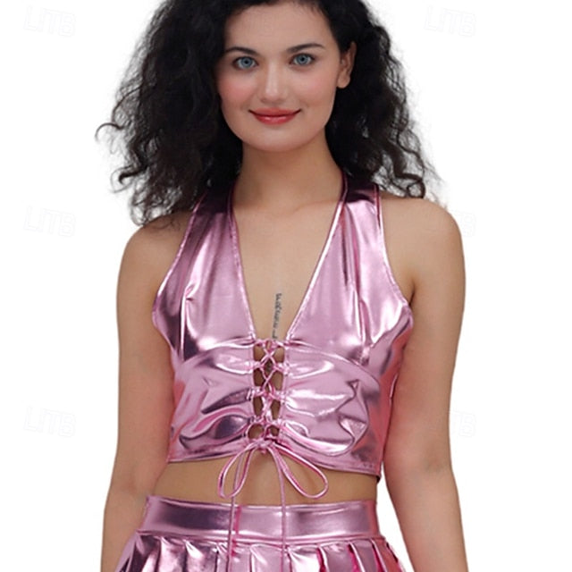 Retro Vintage 1980s Crop Top Disco Halter Shiny Latex Patent