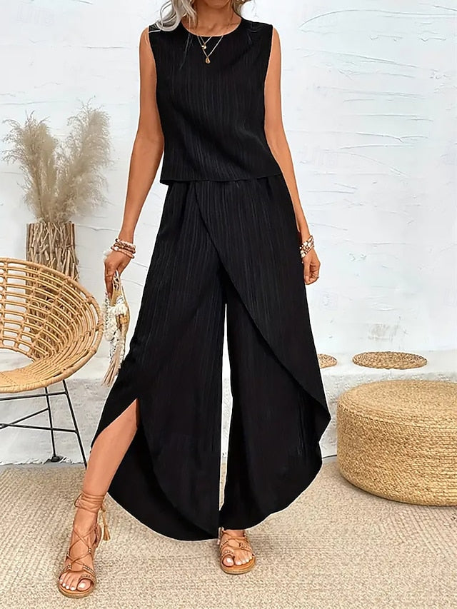 Women's Pants Sets Sleeveless Round Neck Plain Ruched Split