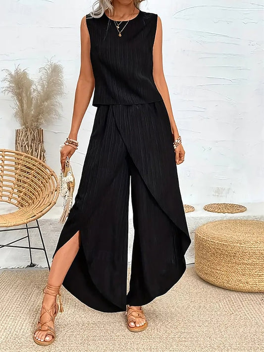 Women's Pants Sets Sleeveless Round Neck Plain Ruched Split