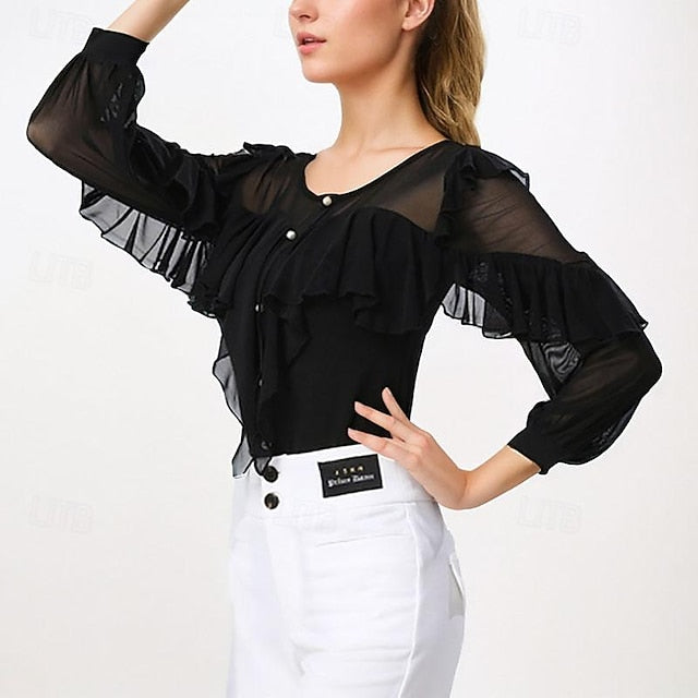 Latin Dance Ballroom Dance Top Ruffles Pure Color Splicing