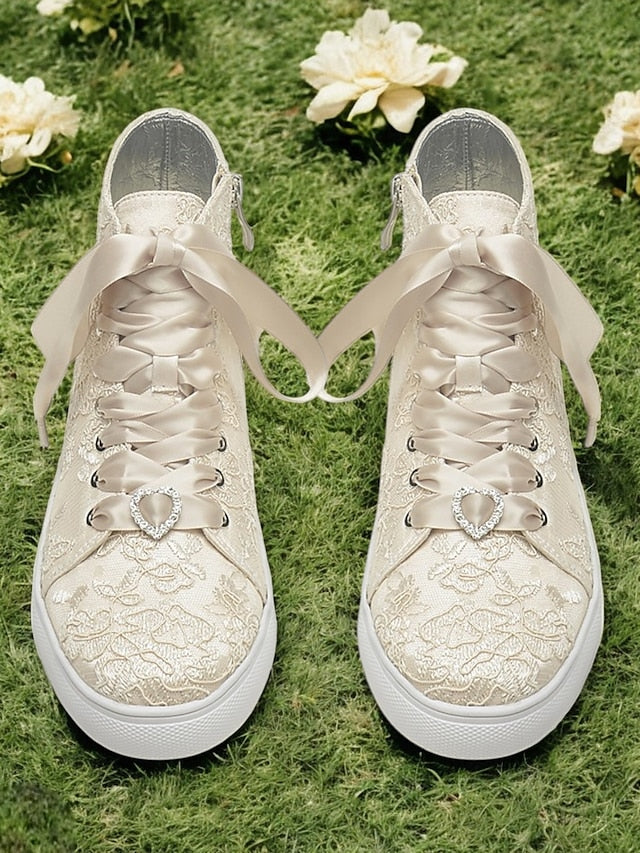 Women's Wedding Ribbon Satin Ivory with Lace Laces Sneakers