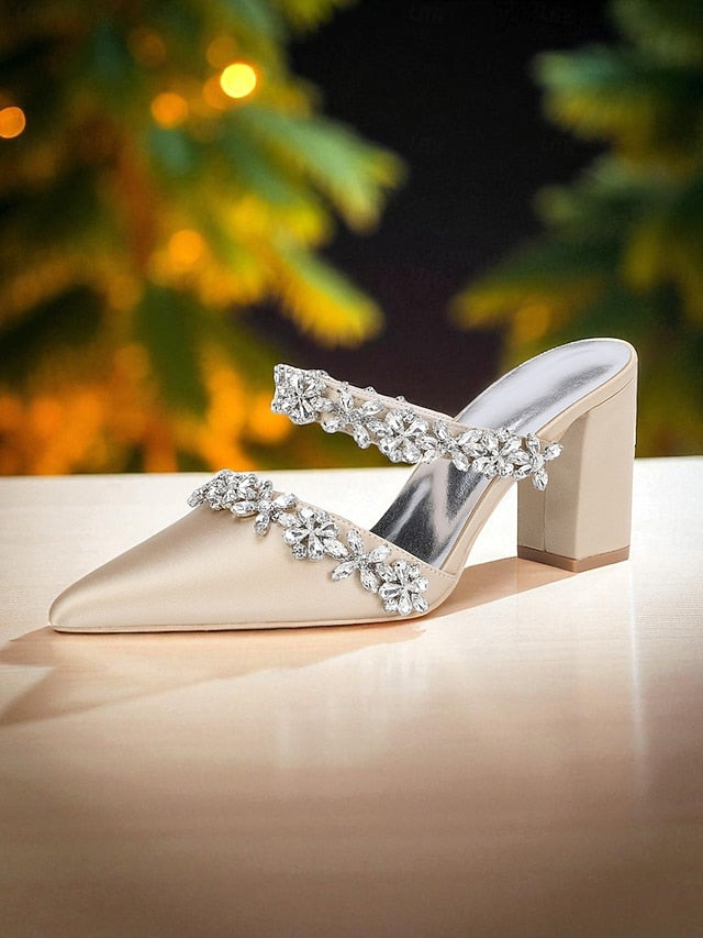 Women's Mules Rhinestone Floral Heel Black Block Satin with