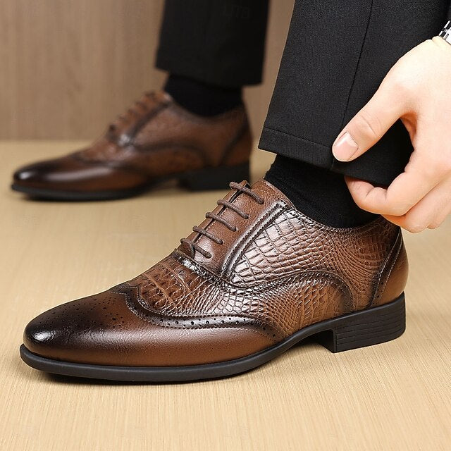 Men's – Pattern Shoes Crocodile Brown Oxford Leather Faux