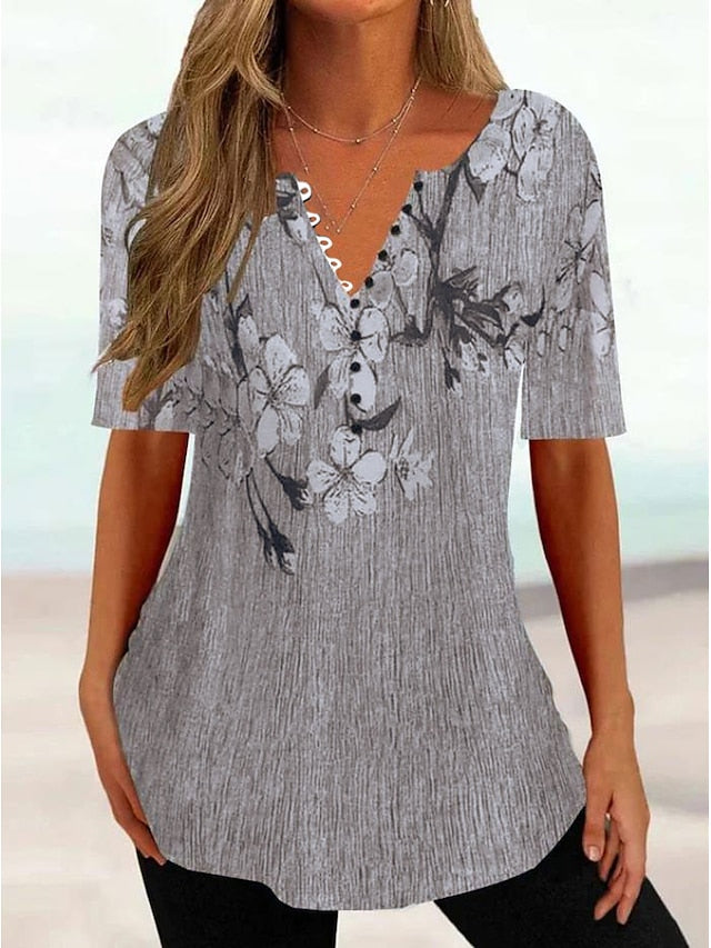 Women's T Shirt Henley Shirt Buttons Print Floral Tunic