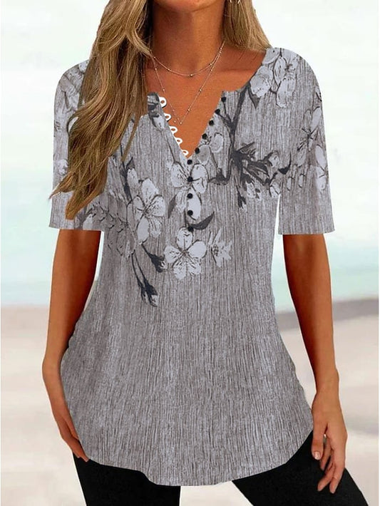 Women's T Shirt Henley Shirt Buttons Print Floral Tunic