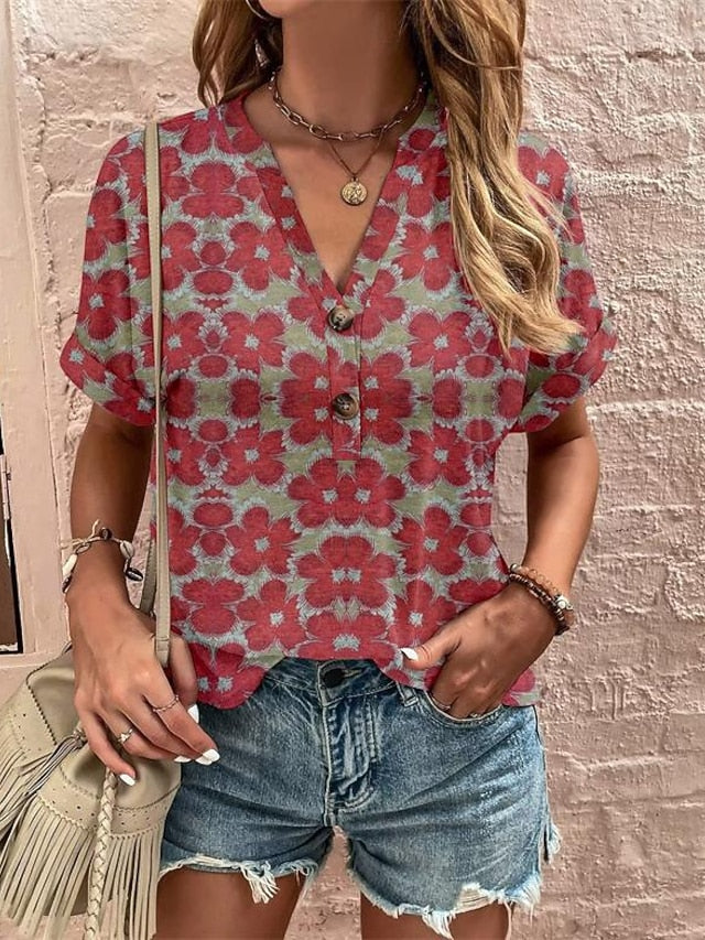 Women's T Shirt Tee Top Buttons Print Floral Graphic