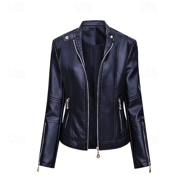 Leather Jacket Pocket Faux Women's Comfortable Zipper