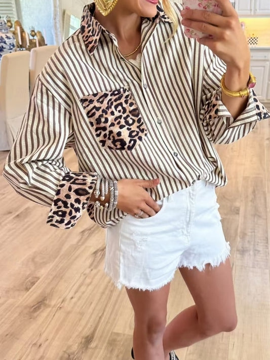 Women's Blouse Buttons Print Leopard Striped Stylish Casual