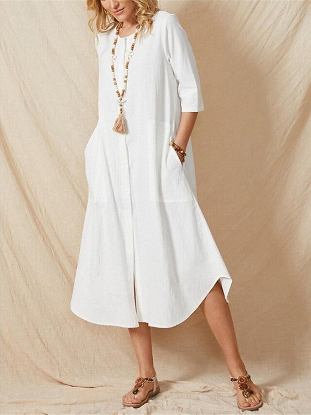 Women's White Summer Spring Midi Dress Cotton Blend White