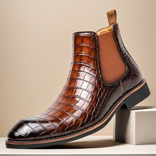 Slip-On Pattern Boots – Men's Crocodile Brown Chelsea