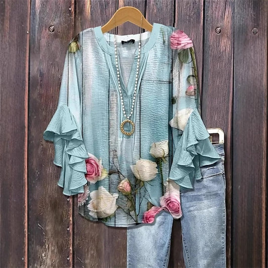Women's T Shirt Tee Top Ruffle Print Floral Fashion Modern
