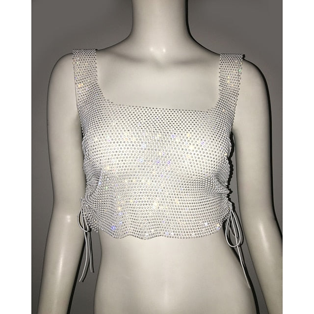 Metallic Sparkle Sexy Crop Tank Top Sheer Mesh Rhinestone Cover