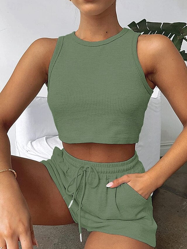 Women's Shorts Sets Sleeveless Crew Neck Solid Color