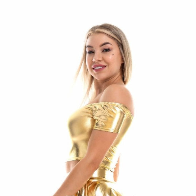 Mardi Gras 2026 Metallic 1980s Crop Top PU Leather Off Shoulder