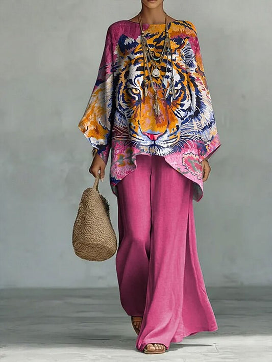 Women's Pants Sets Long Sleeve Round Neck Graphic Animal