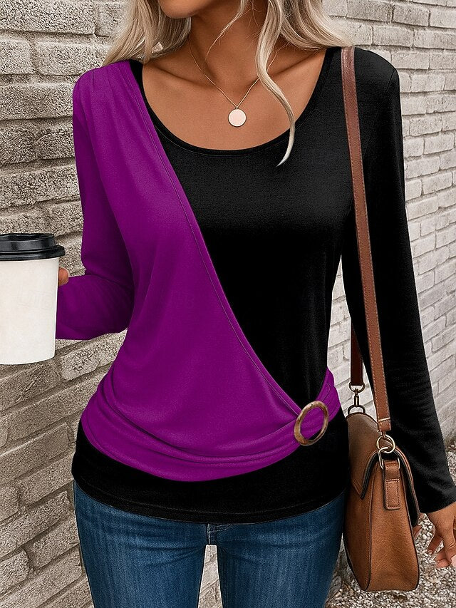 Women's T Shirt Patchwork Print Solid Color Stylish Casual
