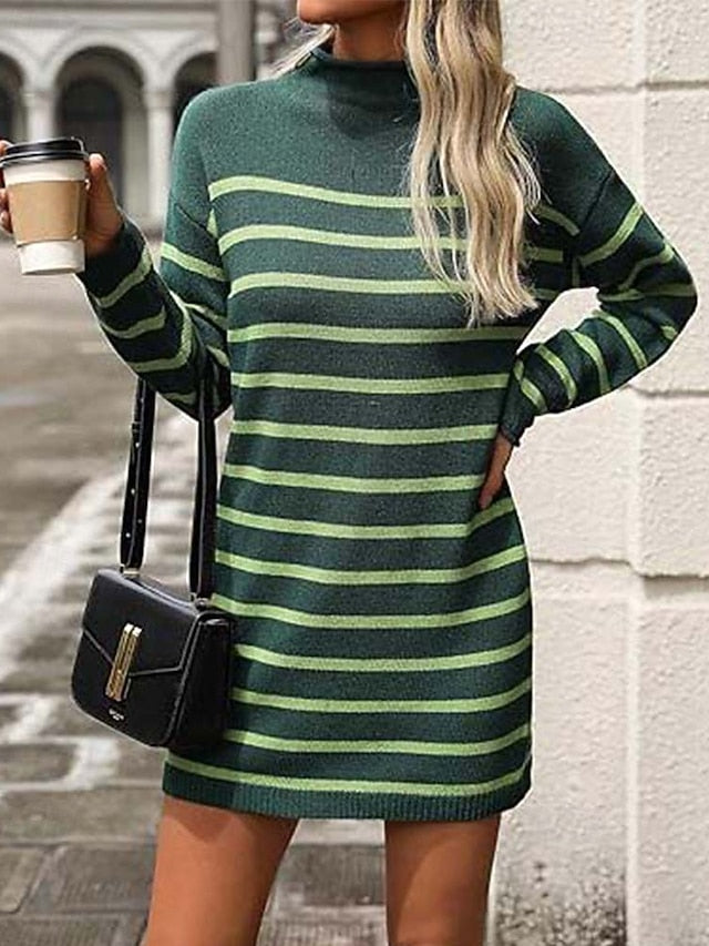 Women's Sweater Dress Casual Striped Mock Neck Print Long