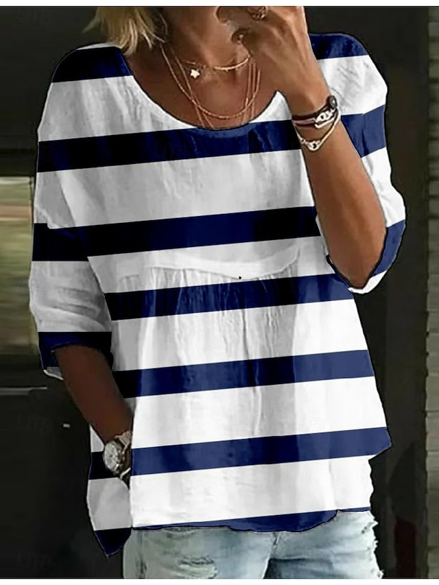 Women's Blouse Print Striped Stylish 3/4 Length Sleeve Crew