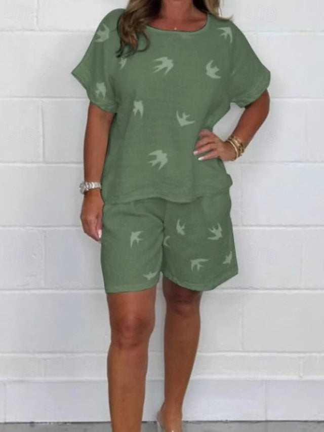 Women's Cotton Linen Sets Shorts Sets Short Sleeve Crew