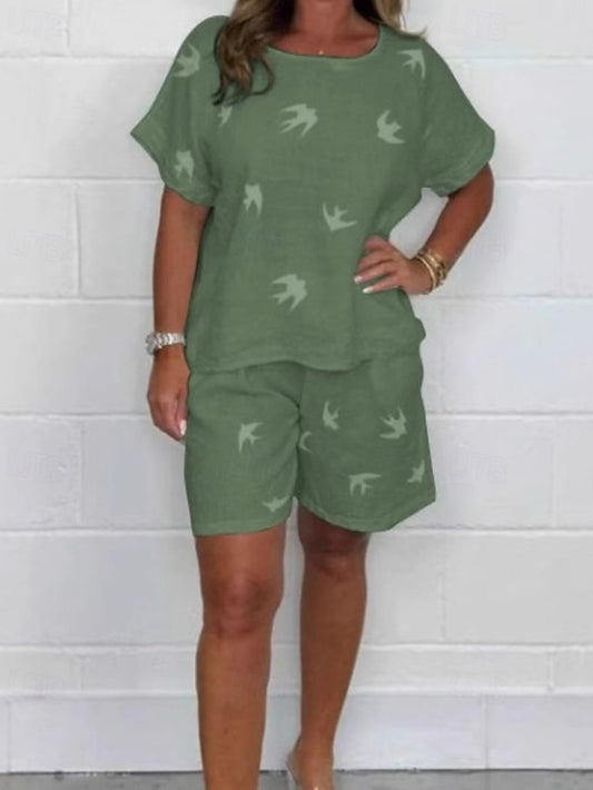 Women's Cotton Linen Sets Shorts Sets Short Sleeve Crew