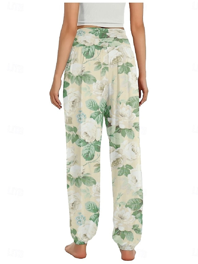 Women's Faux Cotton Linen Wide Leg Pants Trousers Ethnic