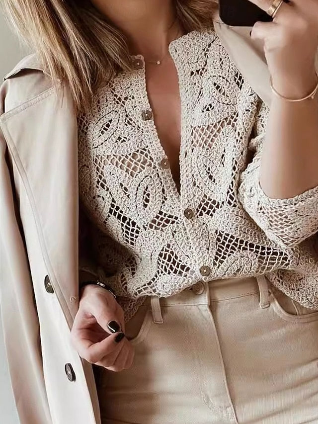 Women's Blouse Hollow Out Buttons Solid Color Basic Casual